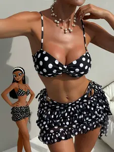 Women's Polka Dot Print Ruffle Tie Design Vacation Style Casual Pool Party Sunbath Bikini Swimsuit Three Piece Set Swimsuit, Beach Bathing Suit Polka Dot Swimwear
