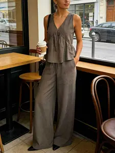 Vintage Coffee Color Set, Deep V Pleated Vest + Adjustable Drawstring Wide Leg Pants, Comfortable Lazy Casual Style Two-Piece Womenswear