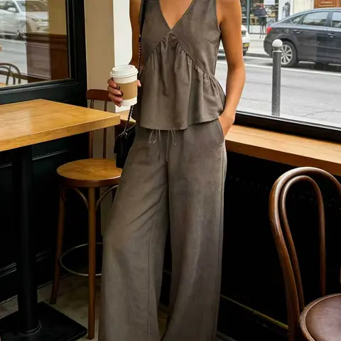 Vintage Coffee Color Set, Deep V Pleated Vest + Adjustable Drawstring Wide Leg Pants, Comfortable Lazy Casual Style Outfit Sets Women Two-Piece Outfits Womenswear