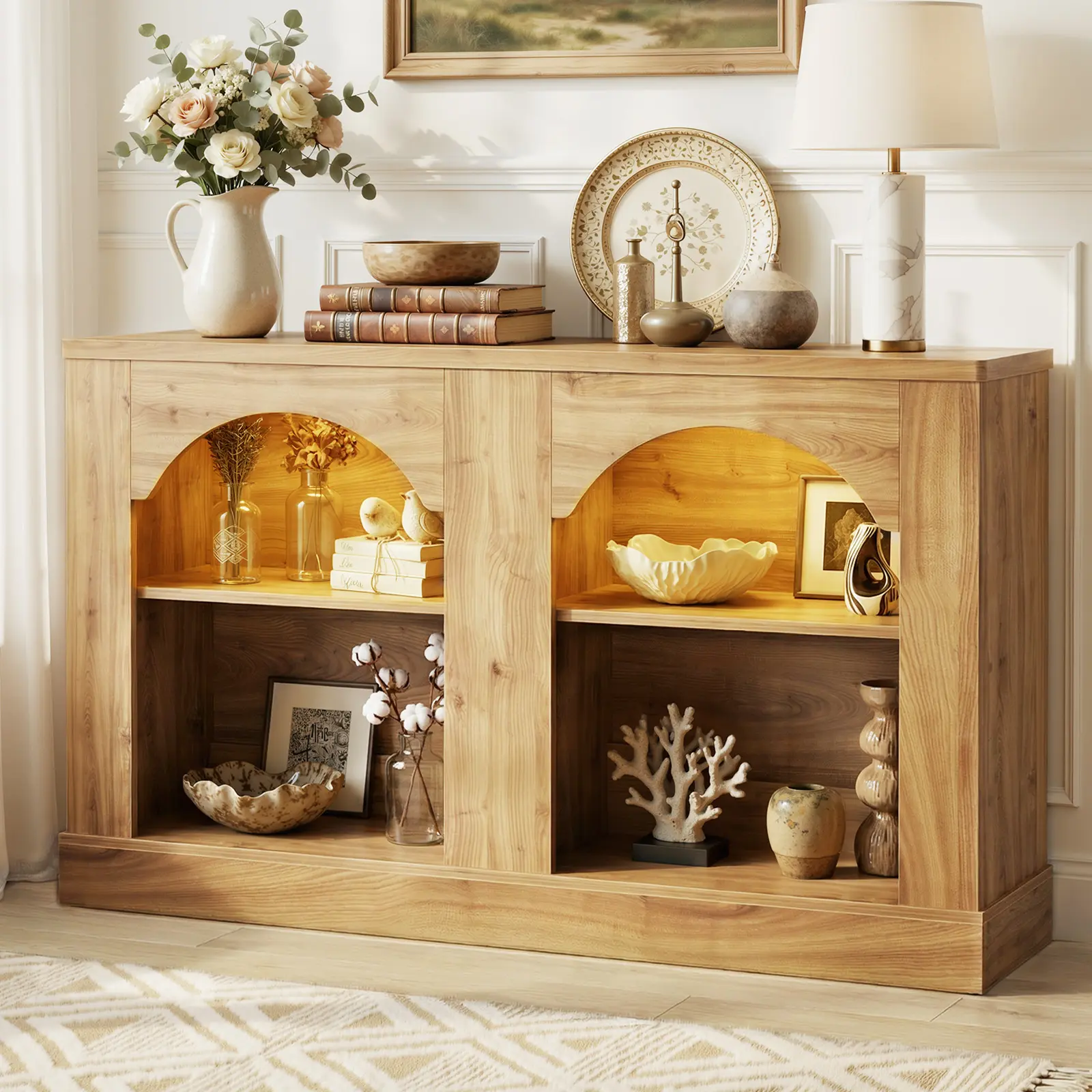47" Farmhouse Arched Entryway Console Table with LED Lights & Adjustable Shelves, Sofa Table Storage Sideboard Buffet for Entrance, Living Room