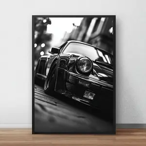 2D Flat 1pc Frameless Canvas Wall Art Poster - Black and White Classic Sports Car Close-Up, High-Quality Fade-Resistant Print, Retro Automotive Decor for Living Room, Bedroom, Office - Ideal Gift for Car Enthusiasts, Monochrome Design, 2D Flat