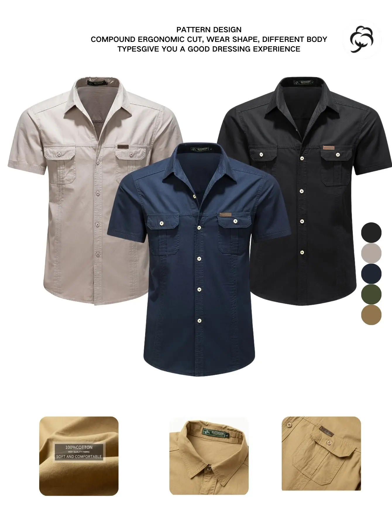 Men’s 100% Cotton Short-Sleeve Work Shirt, Two Pockets, Turn-Down Collar, Casual Outdoor Loose Fit