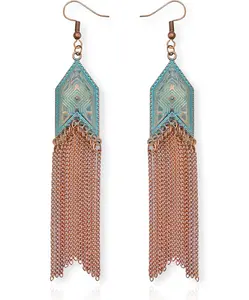 Soul Statement Vintage Jewelry: Boho Turquoise & Bronze Patina Earrings, Cowgirl Style with Copper Tassel Chains