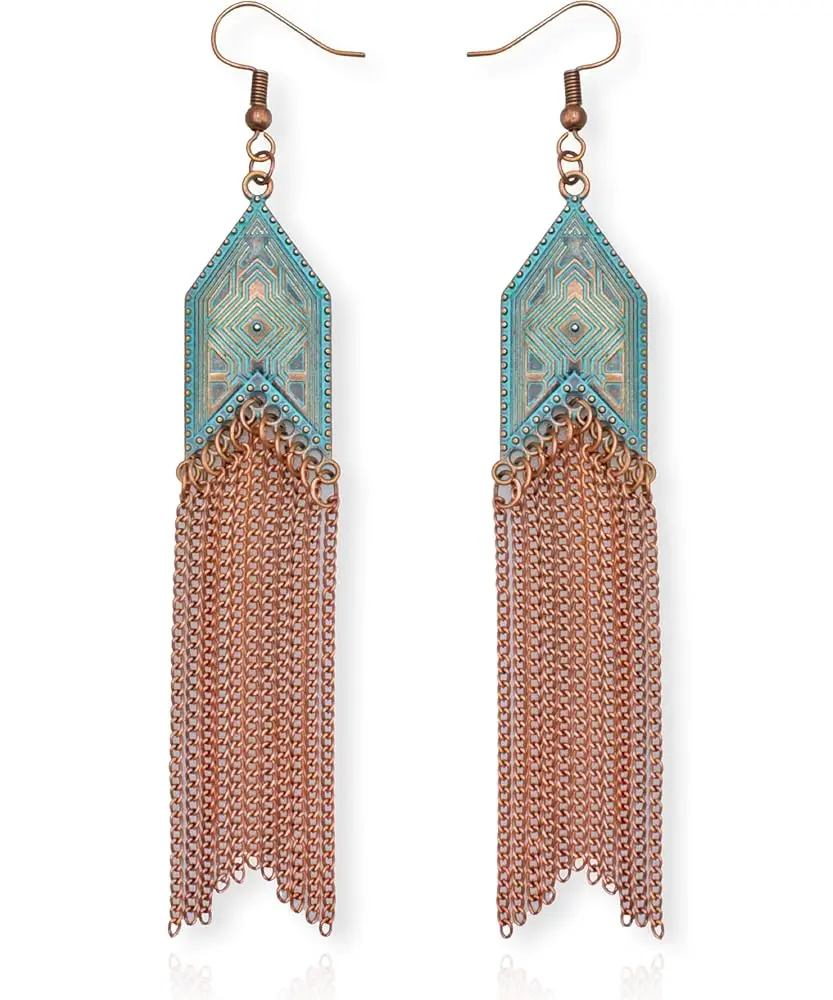 Soul Statement Vintage Boho Turquoise-Bronze Patina Cowgirl Earrings with Copper Tassel Chains, 3g, 4.5 Inches, Ideal for Fairs, Lifetime Warranty, Gift Packaging