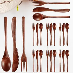 24pcs Wooden Spoons Forks Set Wood Dinner Utensil Set Reusable Flatware Tableware Set Handmade Natural Cutlery Set Includes Wood Spoon Fork For Cooking Stirring Eating