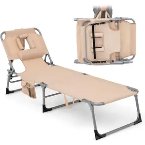 Tanning Chair, Folding Adjustable Patio Lounge Chair with Face Hole, Removable Pillow, 330LBS, Carry Strap, Outdoor Sunbathing Chair, Lightweight Portable Beach Lounge Chair (1, Beige)