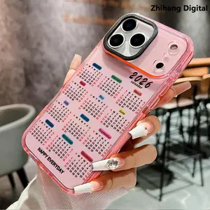 2026 Calendar Full Year paired with a simple Soft TPU Phone Case for iPhone 17 Pro Max 16 Plus 15 14 13 12 11 Air Anti-Yellowing Shockproof durable ultra-thin Crystal Cover Protection Smartphone Protector
