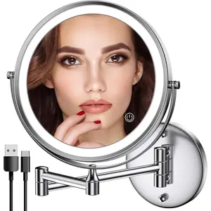 Rechargeable Wall Mounted Lighted Makeup Mirror Chrome, 8 Inch Double-Sided LED  Mirror 1X/10X Magnification,3 Color Lights  Screen Dimmable 360?Swivel 13 Inch Extendable