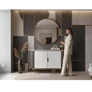 Luxury Grey Silver Sideboard Buffet Cabinet with Stone Top and Gold Accents
