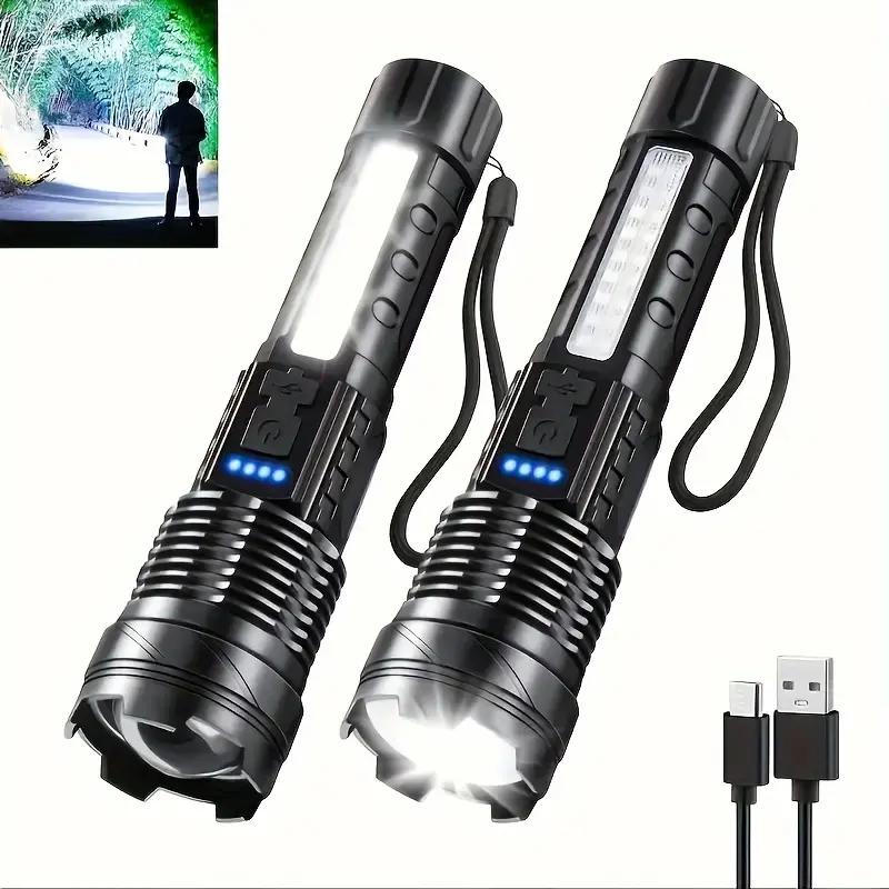 2/1 Super Powerful 90000 Lumen Rechargeable Flashlight, Adjustable Floodlight/spotlight, With Side Light, 10 Hours Of Use When Fully Charged, 7 Lighting Modes, Used For Outdoor Camping, Fishing, Hunting, Mountain Climbing, Adventure Emergencies