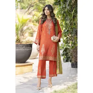 Rust Orange Embroidered 3pc Raw Silk Suit with Olive Dupatta – Ros7 by Gul Warun