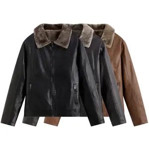 Men's Faux Leather Winter Jacket Fur Collar Bomber Fleece Coat Lapel Sherpa Lined Thicken PU Jacket