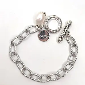 Stainless Steel Chain Link Bracelet with Freshwater Pearl - Textured Link, Easy to Manage Toggle Clasp, Durable & Secure Design