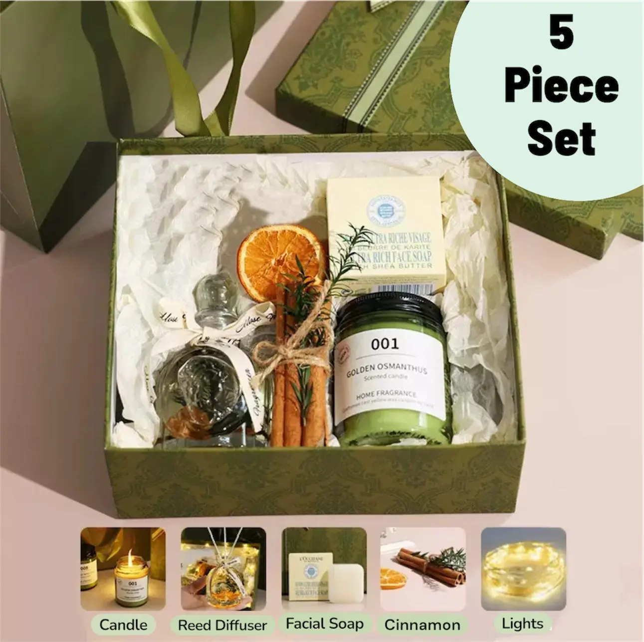 Luxury Home Fragrance Aromatherapeutic Gift Set All Occasions 5 Piece Includes Candle Reed Diffuser Facial Soap Cinnamon Lights