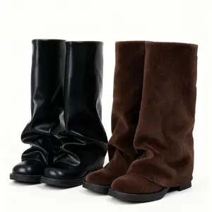 Slouchy Knee High Chunky Heels Boots Fold Over Wide Mid Calf Boots Casual Round Toe Pull On Riding Biker Boots Fold Over Platform Boot Dress Shoes Sexy Fashion Fall Winter Black women