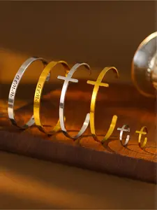 3-Piece Stainless Steel Jewelry Set: Cross-Design "WWJD" Engraved Open Bangle & Ring Set Stylish Stackable Jewelry, An Ideal Gift Choice