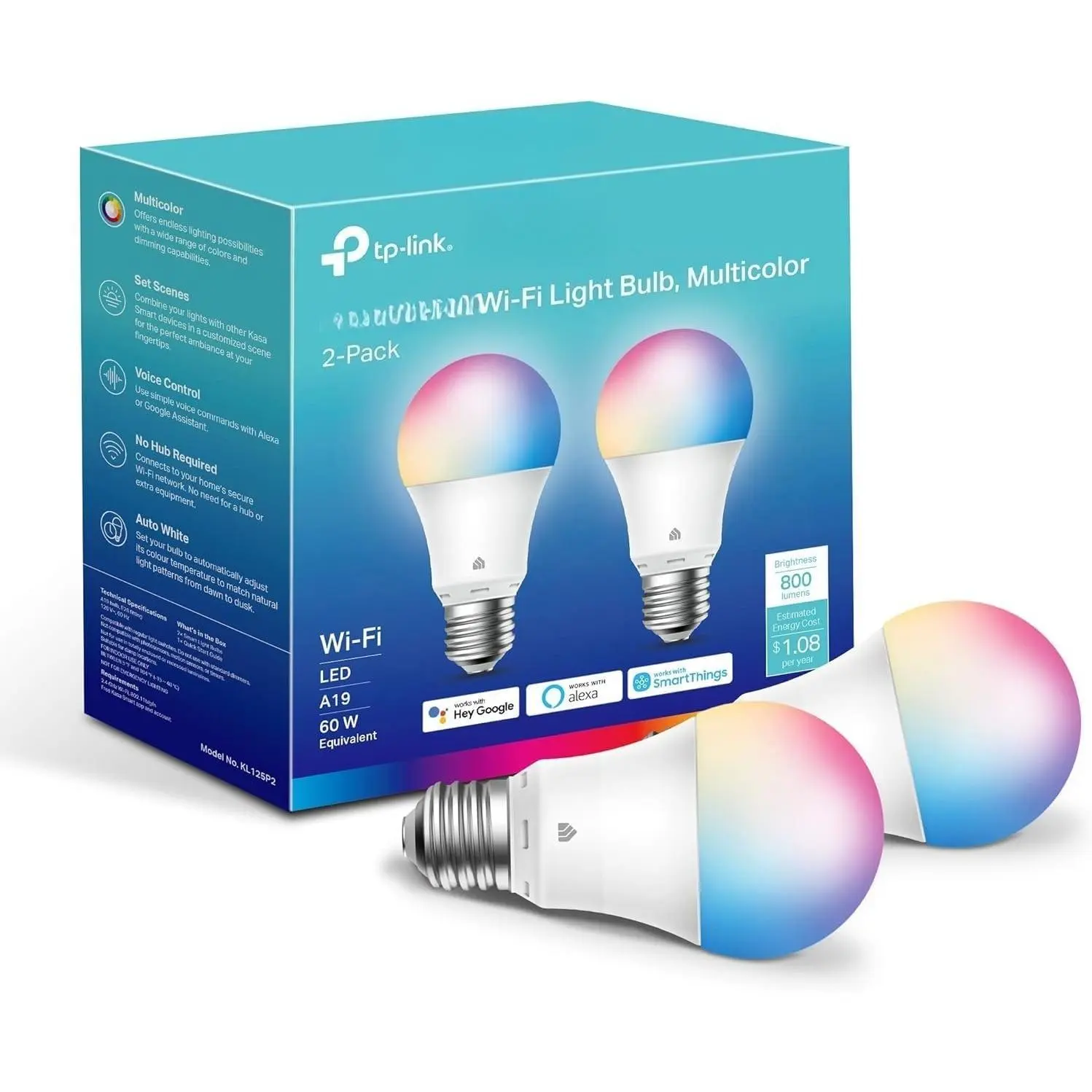 Smart LED Color Lights Bulb 2-Pack (KL125P2) - A19 60W 800 Lumens Dimmable RGB Bulb, 2.4Ghz Only, No Hub Required, Compatible with Alexa & Google Home, RGB LED Effects