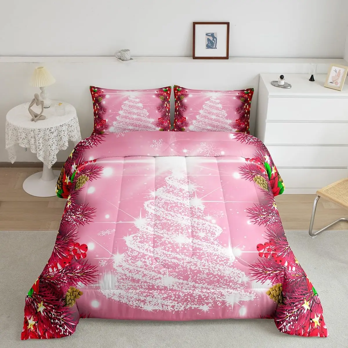 Pink Christmas Themed Microfiber Comforter Set - Luxury Bedding Set with Santa Tree, Bell Decorations and Decorative Bedsheet, Decorative Bedsheet Sets