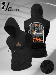 Men's hooded sleeveless vest, STIHL chainsaw and forest pattern silk screen printed clothing, hooded drawstring design ideal for outdoor work, lumberjack work, and streetwear, durable contrasting print for workwear style enthusiasts