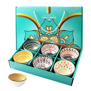 Ceramic Rice Bowls 10 oz, Bohemian Style Small Retro Bowl Gift Set of 6, 4 Colors Kitchen Tableware Serving Bowls with Design for Cereal, Soup, Desserts, Snacks, Fruits, Salads