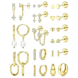 14K Gold Plated Hypoallergenic Earrings Set for Women Trendy Lightweight Earring Stacks for Multiple Piercing Small Cute Pearl CZ Stud Huggie Hoop Earrings Gold/Silver Tone