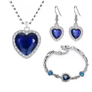 Ocean Heart Necklace Titanic Style Blue Pendant Sparkling Red Chain Eternal Love Jewelry with Velvet Pouch