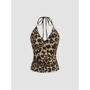 Cider [4 colors, size 0-26] Halter Neckline Leopard Knotted Cami Top