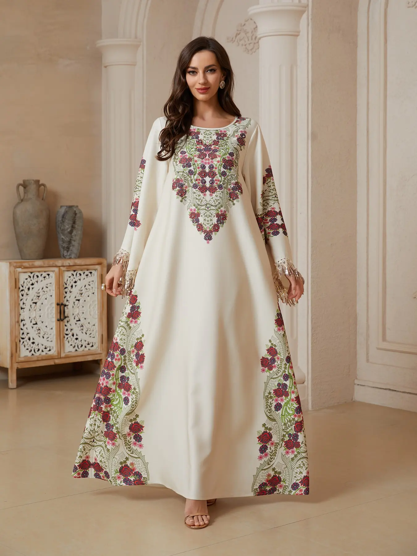 Middle Eastern Ramadan Eid Abaya, abayas for eid, Floral Abaya, Muslim Abaya, Ivory Rose Embroidery Fringe Long Dress, Dubai Style Soft Luxury Kaftan, Boho Loose Fit, Elegant Islamic Clothing