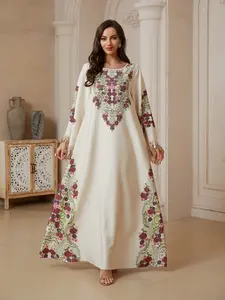 Middle Eastern Ramadan Eid Abaya, abayas for eid, Floral Abaya, Muslim Abaya, Ivory Rose Embroidery Fringe Long Dress, Dubai Style Soft Luxury Kaftan, Boho Loose Fit