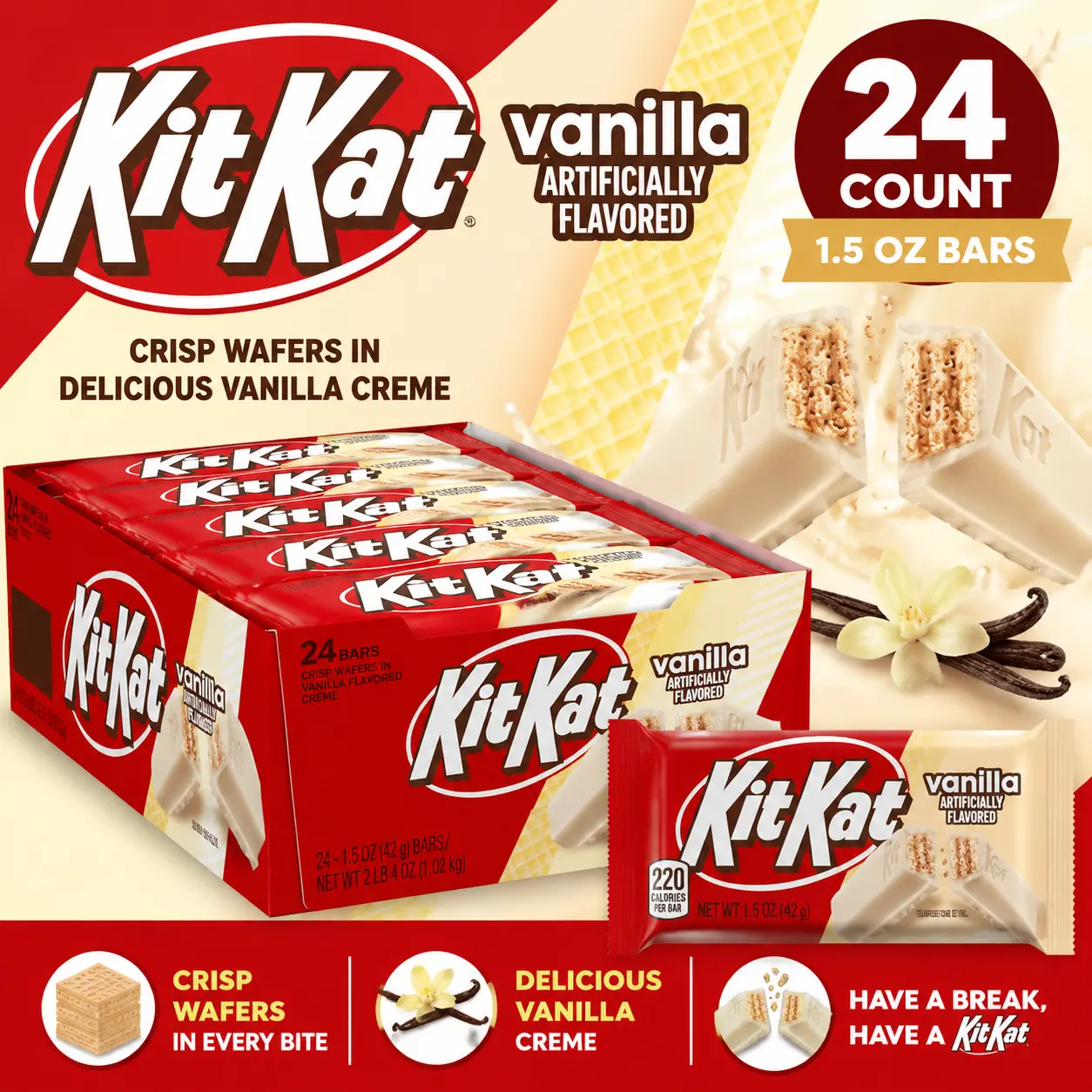 Kit Kat Vanilla Wafer Bars 1.5 oz 24 Count  Creamy Vanilla Coated Wafer Candy Bars | Crispy Chocolate-Free Sweet Treats
