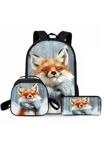 Cute fox print backpack with scarf, three piece set, lunch bag, pencil case, backpack