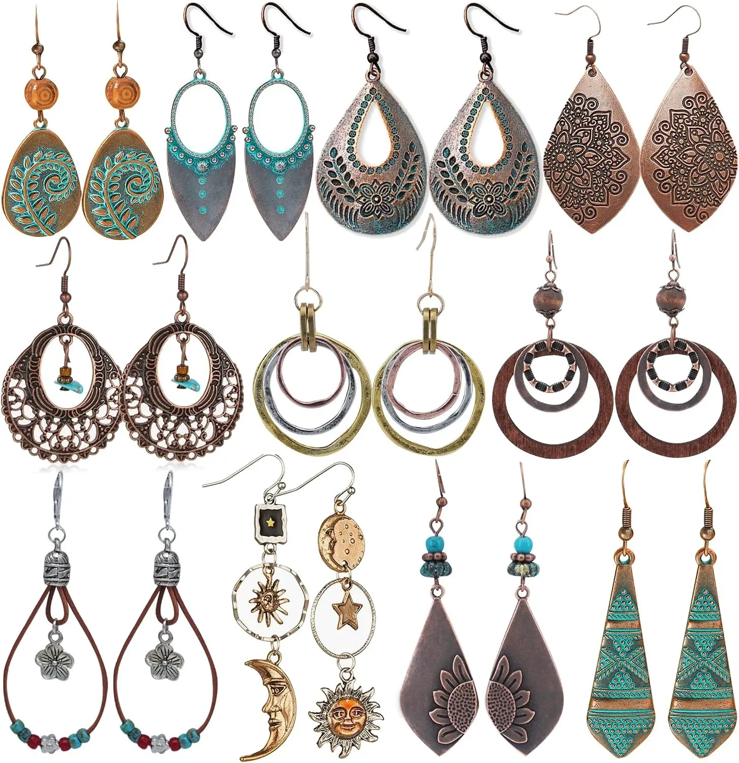 11 Pairs Vintage Boho Drop Dangle Earrings for Women - Retro Flower Teardrop Sun and Moon Jewelry Set, Mother's Day Christmas Gift(Gift)