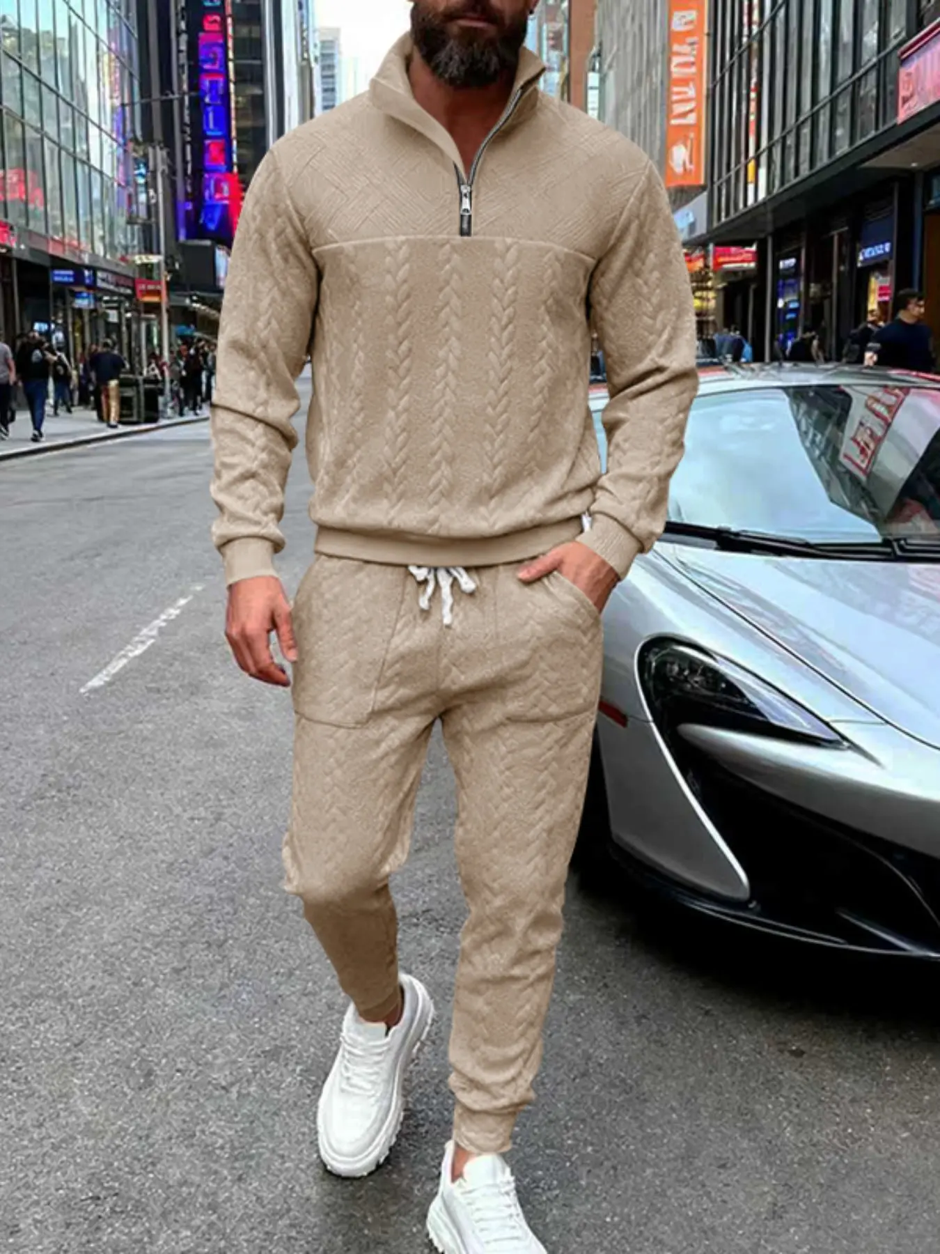Men's Zipper Stand Collar Hoodie & Sweatpants Set, Fashion Jacquard Knitwear Suit, Sporty Casual Autumn for Outdoor Activities