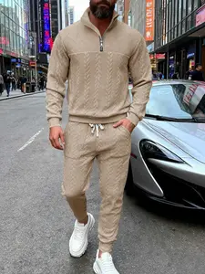 Men's Zipper Stand Collar Hoodie & Sweatpants Set, Sweatsuit Set, Workout Tracksuit, Fashion Jacquard Knitwear Suit, Sporty Casual Autumn for Outdoor Activities