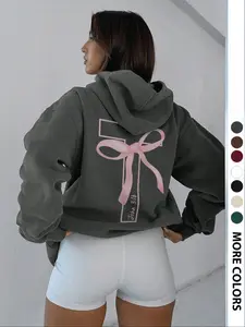 Women's Hooded Sweatshirt with Bowknot and Cross Print, Casual Loose Fit Pocket Top, Fall Winter Fashion Streetwear, Cross Print Hoodie, Graphic Hoodie