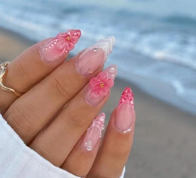 24PCS Pink Almond Press on Nails Full Cover Carved Flower 3D Ripples French Fake Nails for Women with Golden Pearl Wearable Nail kid