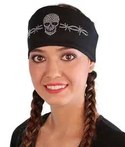 Chop Top Doo Wrap – Bold Biker Bandana with Exclusive Bling - Skull and Barbed Wire Rhinestones on Black Headband