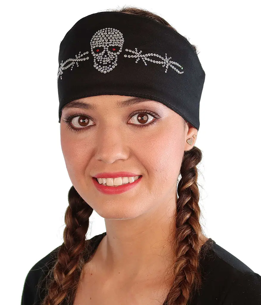 Chop Top Doo Wrap – Bold Biker Bandana with Exclusive Bling - Skull and Barbed Wire Rhinestones on Black Headband