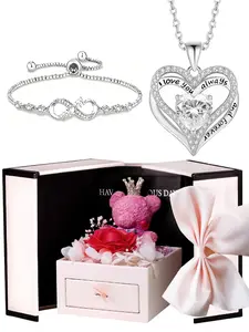 Engraved heart pendant necklace paired with an infinity love Mother's Day bracelet, gift from daughter or son for Mother's Day, bear and rose gift box, includes an inspirational message card, gift for grandma/grandmother/grandmother