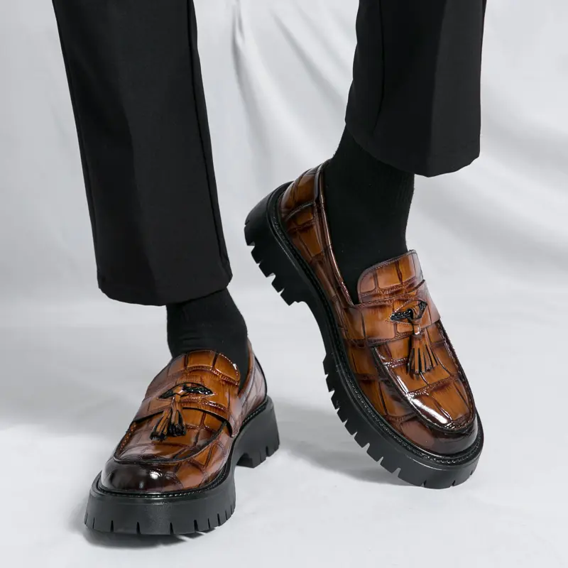 Men's British-Inspired Slip-On Leather Loafers - Chunky Platform Sole Bold-Toe Shoes for Groom Weddings, Business Formal & Street Style (Easy-On Design)