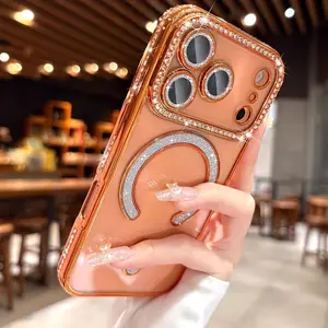 OREKROY【Free.ship】Magnetic Clear Glitter Case for iPhone 17 Pro Max 17Air 17Pro 17, Compatible with MagSafe – Sparkly Bling Diamond Rhinestone Design with Camera Lens Protector, Fits iPhone 13 14 15 16 Pro Max