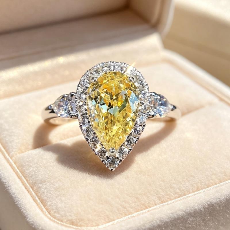 Women's Silver-Tone Pear Cut Yellow Halo 3-Stone Sparkling Elegant Fashion Ring - Female Beautiful Yellow Statement Ring for Engagement, Anniversary (Sizes 6-10)