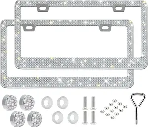 2 Pack Bling License Plate Frame for Women,Sparkly Rhinestone Stainless Steel License Plate Holder, Accessories with Glitter  Caps (White)