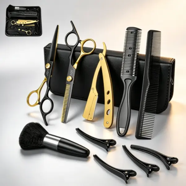 LQT Black Gold Barber Equipment Salon Hair Styling Kit - Hair Clipper, Barber Scissors, Razor, Combs, Complete Accessories & Storage Bag