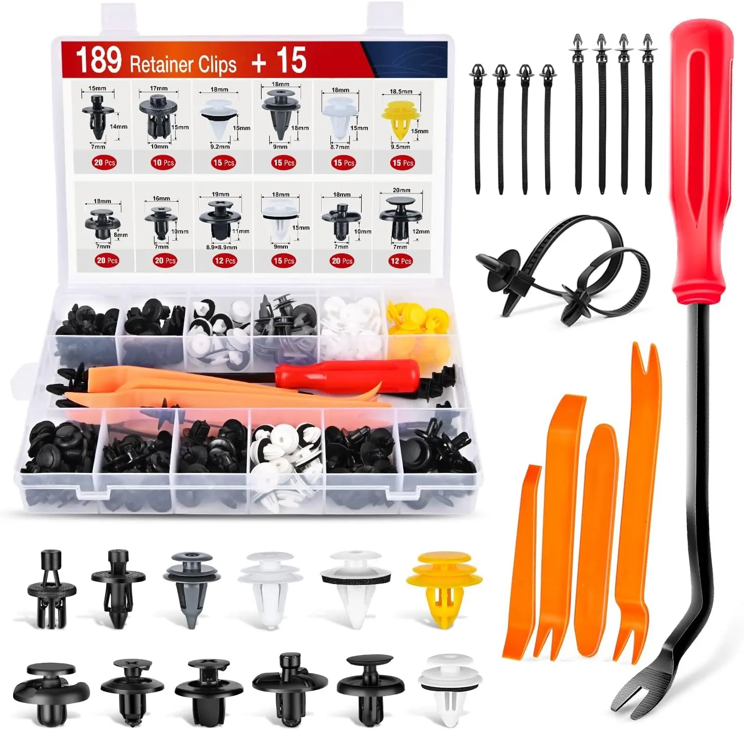 Nilight 189PCS Bumper Retainer Clips Kit with Fastener Remover, 4 Car Panel Removal Tools, 10 Reusable Cable Ties - Plastic Rivets Push Fasteners for Vehicle Door Trim, Body Screw Replacement, Car Accessory
