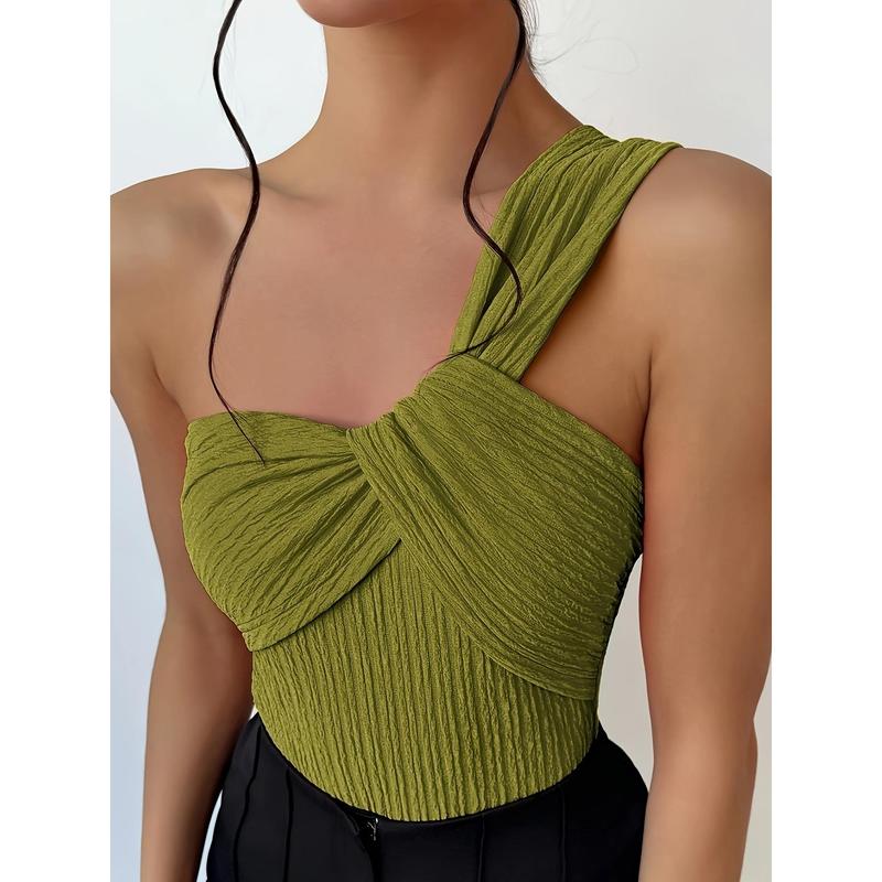 Elegance One Shoulder Twist Front Blouse, Lime Green - Sleeveless, Ribbed Knit, Women's Slim Fit Design - Ideal for Holidays and Parties, Machine Washable
