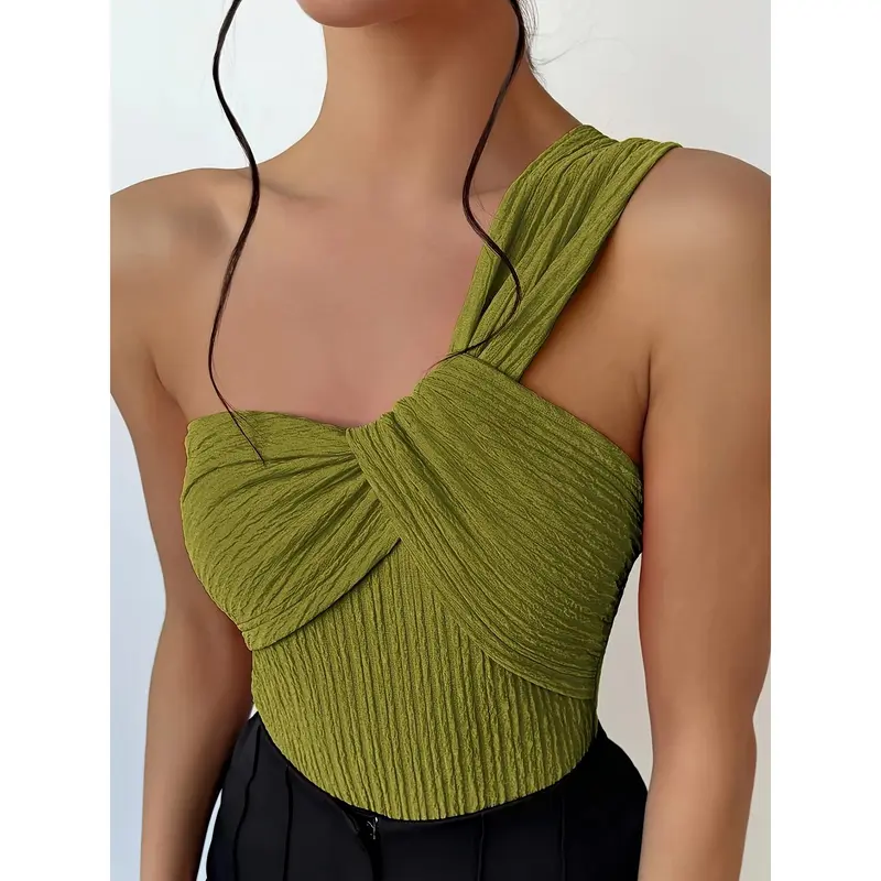 Elegance One Shoulder Twist Front Blouse, Lime Green - Sleeveless, Ribbed Knit, Women's Slim Fit Design - Ideal for Holidays and Parties, Machine Washable