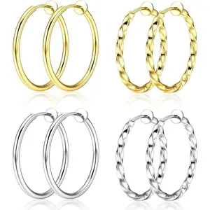 FLORIDECO 2 Pairs Clip on Hoop Earrings for Women Spring Unpierced Twisted Hoop Earrings for Non-Pierced Ears Daily Suitable For Sensitive Ears Quality Brass