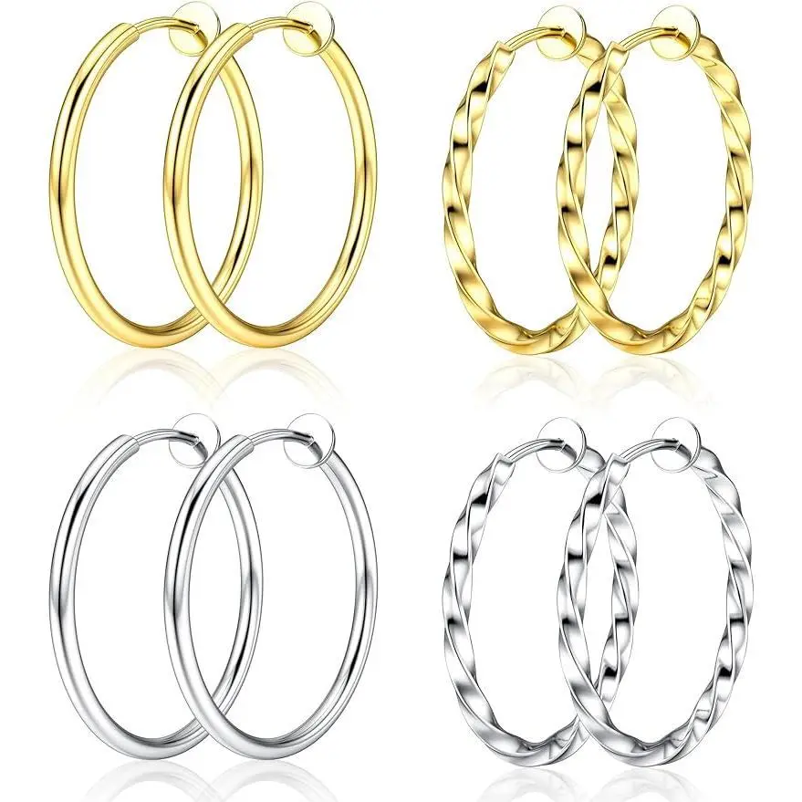 FLORIDECO Clip-On Earrings, 2-Pair Unisex Twisted Hoop Set in Quality Brass, Nontoxic Jewelry for Non-Pierced and Sensitive Ears, Suitable For Sensitive Ears