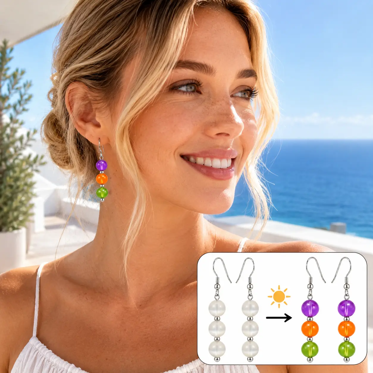Sicbumi UV Reactive Rainbow Earrings, Sun Color Changing Mood Dangle Drop Earrings Solar Magic Earrings for Women, Summer Beach Vacation Women's Gift